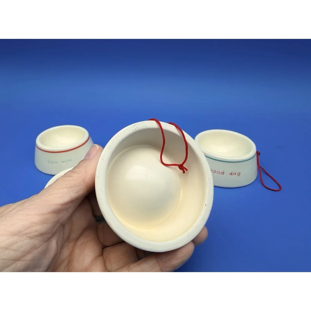 Dog Lover Christmas Ornaments Set 5 Ceramic Dog Bowls Bow Wow Good Dog